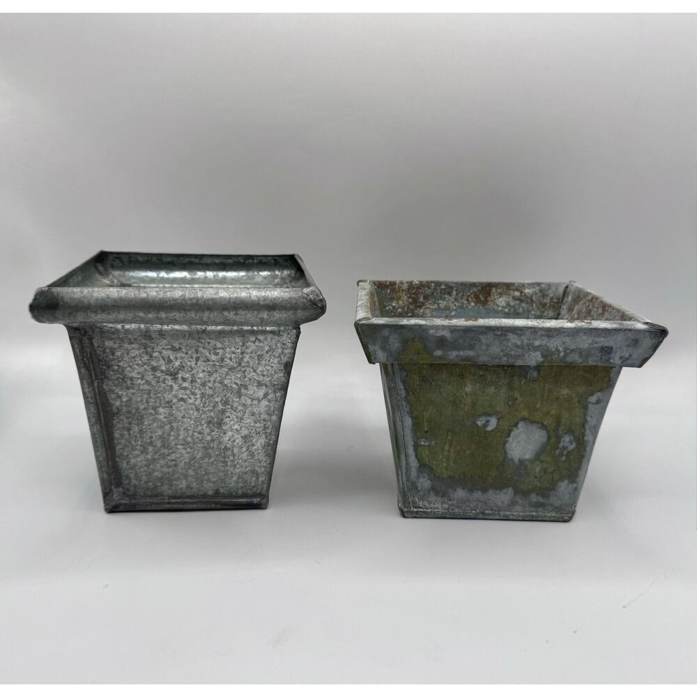 Galvanized Metal Planter Set Rustic Farmhouse Square Cache Pots Pair